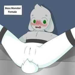 anthro asriel_dreemurr behind_glass blush boss_monster caprine chest_fur clitoris female female_asriel forced forced_nudity goat green_eyes hair_tuft humiliation kokoha_is_here label long_ears mammal public_use pussy rule_63 spread_legs spreading straps tail_between_legs undertale video_games young