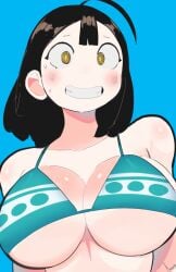 1girl 1girls ahoge akisas99 background bare_arms bare_chest bare_midriff bare_shoulders bare_skin big_boobs big_breasts bikini bikini_only bikini_top black-haired_female black_hair blue_background blue_bikini blue_bikini_top blue_swimsuit blue_swimwear breasts busty busty_female busty_girl dark_hair exposed_arms exposed_chest exposed_midriff exposed_shoulders exposed_skin grin grinning grinning_at_viewer halterneck inframammary_fold large_boobs large_breasts monotone_background nervous nervous_expression nervous_face nervous_female nervous_smile oc one_color_background original original_art original_artwork original_character original_female_character parted_lips plain_background shy shy_expression shy_female shy_girl shy_smile smile smiley_face smiling smiling_at_viewer solid_color_background string_bikini striped_bikini striped_bikini_top striped_swimsuit striped_swimwear swimsuit swimwear white_bikini white_bikini_top white_swimsuit white_swimwear yellow-eyed_female yellow_eyes