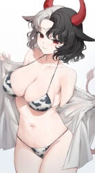1girl 1girls animal_ears animal_horns animal_tail armpit_crease armpits bare_legs bare_shoulders bare_thighs belly belly_button big_breasts bikini bikini_bottom bikini_top black_hair breasts cameltoe clevage collarbone cow_ears cow_girl cow_horns cow_print cow_print_bikini cow_print_bra cow_print_panties cow_tail cowboy_shot horns large_breasts legs_together looking_at_viewer messy_hair multicolored_hair navel open_clothes open_mouth open_shirt open_smile red_eyes sarukana shirt short_hair smile smile_at_viewer smiley_face smiling smiling_at_viewer sole_female solo solo_female solo_focus split-color_hair stomach swimsuit swimwear teeth teeth_showing thick_thighs thighhighs touhou urumi_ushizaki white_hair white_shirt wide_hips wide_thighs youkai