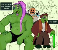 anthro balls bulge deltarune dustifang facial_hair flaccid gerson_boom gerson_boom_(deltarune) green_body green_skin magenta_hair male male_only penis purple_hair scalie solo solo_male sweat sweating text_box turtle undertale