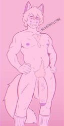 alternate_version_available bara bluntskeleton_(artist) boyfriend_to_death btd chest_tuft colorful_background fox_ears fox_tail gay hyper_penis line_art pink redesign ren_hana saggy_balls scars scars_all_over shaved short_hair socks solo standing twink wip you_kill_me_every_time