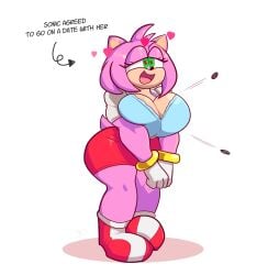 1girls amy_rose anthro boots bra bracelet breasts buttons buttons_popping cleavage dreamerknights english_text eulipotyphlan female female_focus female_only flustered furry gloves green_eyes heart heart-shaped_pupils heart_symbol hedgehog hedgehog_humanoid hips large_breasts male_focus mobian_(species) sega skirt sonic_(series) sonic_the_hedgehog_(series) squeezing_breast text thick_thighs thighs wardrobe_malfunction wide_hips