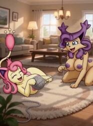 2026 ai_generated animated anthro anthro_only bernardol22 big_breasts cat_ears cat_girl cat_humanoid cat_tail delcatty duo duo_female female female_only fur furry furry_female gobabsnow living_room nude pokemon pokemon_(species) pokemorph skitty tagme video