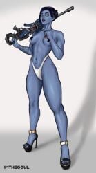 1girls blue_skin imthegoul overwatch overwatch_2 posing_for_picture posing_for_the_viewer tape_on_nipples weapon widowmaker