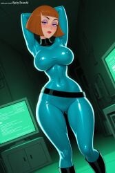 1girl ai_generated arms_up blush bodysuit breasts brown_hair danny_phantom hi_res high_quality high_resolution large_breasts madeline_fenton patreon purple_eyes seductive sexy shiny shiny_clothes short_hair skin_tight solo spicytoonai uncensored watermark