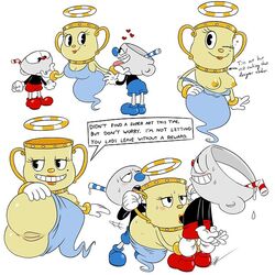 1girls 2boys ambiguous_penetration anus blush breasts clothing comic cuphead cuphead:_the_delicious_last_course cuphead_(game) double_bun female footwear handwear heart legendary_chalice male mole ms._chalice mugman oral oral_sex presenting presenting_hindquarters pussy sex spitroast text threesome timoteihiv