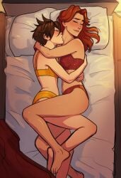 2girls ai_generated barefoot bed blush body_freckles bra breasts brown_hair canon_couple closed_eyes clothing couple cuddling ear_piercing emily_(overwatch) eyes_closed female freckles hug kiss kissing_neck lingerie long_hair lying multiple_girls on_bed on_side orange_bra orange_panties overwatch panties piercing pillow red_bra red_hair red_panties short_hair smile spooning toes tomboy tracer underwear underwear_only yellow_bra yellow_panties yuri