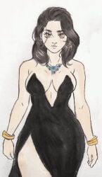 1girls aged_up aged_up_character attack_on_titan attractive black_dress blank_background classy classy_female cleavage color colored curvy elegant_dress gabi_braun gala grown_up hair_down hand_drawn jewelry large_breasts long_hair necklace pencil_(artwork) seductive sexy_dress snk_andree_art solo solo_female traditional_media_(artwork) white_background