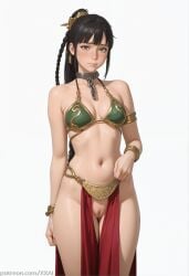 1girl 2d ai ai_art ai_generated black_hair breasts brown_eyes chain collar cosplay eve_(stellar_blade) looking_at_viewer metal_collar navel pelvic_curtain pussy shift_up slave_leia slave_leia_(cosplay) solo stellar_blade tagme white_background xxai