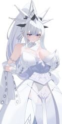 1girls armor boobs boots cosplay duel_monster embarrassed exposed_breasts female fringe gohan_tabena human legwear light_skin looking_at_breasts looking_at_self lovely_labrynth_of_the_silver_castle_(cosplay) maliss maliss_q_white_binder panties ponytail pose purple_eyes safe simple_background solo standing transparent_clothing underwear white_background white_hair young younger_female yu-gi-oh!