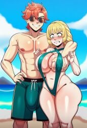 ai_generated angry beach bulge cocky fire_emblem fire_emblem:_three_houses groping groping_breasts huge_breasts huge_bulge ingrid_brandl_galatea large_penis questionable_consent skimpy_clothes sunglasses swimwear sylvain_jose_gautier