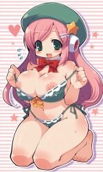 1girls ai_generated areolae beret bow_bikini breasts detached_collar female frilled_bikini green_bikini green_eyes green_headwear hairclip huge_breasts kneeling light-skinned_female long_hair looking_at_viewer momone_momo navel open_mouth pink_hair pink_nipples plump red_bow ribbon-trimmed_bikini robot_ears shortstack side-tie_bikini smile solo tareme thick_thighs utau utauloid wide_hips zankuro_(style)