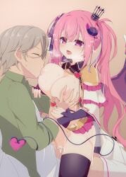 1boy 1girl ^_^ anneliese black_ribbon black_shrug black_thighhighs blue_ribbon blush breast_sucking breasts breath cape cleavage closed_eyes clothed_sex collared_shrug commentary_request couple cowboy_shot crown cum cum_in_pussy demon_girl demon_horns demon_tail demon_wings frilled_cape furrowed_brow girl_on_top grabbing_another's_breast green_jacket grey_hair groping hair_between_eyes hands_up happy_sex heart heart-shaped_pupils heavy_breathing hetero highres holding_another's_wrist horns jacket kazahari_kazuho kimagure_temptation large_breasts long_hair long_sleeves looking_at_another mini_crown motion_lines nipples no_panties open_clothes open_jacket open_mouth orange_background partial_commentary pink_ribbon profile purple_eyes ribbon saliva sex shirt short_hair shrug_(clothing) sidelocks simple_background sitting straddling sweat symbol-shaped_pupils tail tail_around_another's_arm tail_raised tatsumi_haruhisa thighhighs thighs twintails upright_straddle vaginal very_long_hair white_cape white_shirt wings
