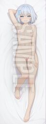 1girls ai_generated armpits arms_up blue_eyes blush breasts dakimakura date_a_live female full_body hi_res high_resolution highres lying lying_on_back naked naughty_face nipples patreon pussy sleeplessnighty solo solo_focus tagme tobiichi_origami watermark white_hair