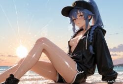 1girl ai_generated bangs baseball_cap beach black_headwear blue_eyes blue_hair blush braid breasts hat hood hoodie jacket kermixx long_hair looking_at_viewer medium_breasts mushoku_tensei nipples ocean outdoors ponytail roxy_migurdia short_shorts shorts sitting solo sun sunset thighs twin_braids wet