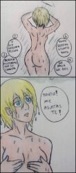 1girls annie_leonhardt ass athletic_female attack_on_titan completely_nude fit_female hair_down hand_drawn nice_ass nude old_art pencil_(artwork) short_hair shower showering snk_andree_art solo solo_female spanish_text traditional_media_(artwork) untied_hair wet_body wet_hair