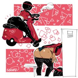 1girls 2018 ass big_ass big_butt cigarette dark-skinned_female dark_skin female gats masked_female motorcycle_helmet motorcycle_suit obscured_face panties panty_pull peabea_(gats) pizza_girl pizza_thot smoking underboob underwear visor_cap