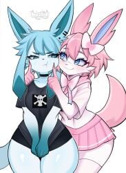 angry anthro blue_body blue_eyes ear_piercing eeveelution female/female generation_4_pokemon glaceon happy hestid hi_res looking_at_viewer nintendo pokemon pokemon_(species) school_uniform sylveon t-shirt