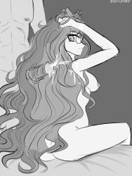 1boy 1boy1girl 1girls black_and_white breasts breasts_out cock cum cum_in_hair danganronpa_another dick enjayhey faceless_male fanganronpa female female_focus fully_nude glasses glasses_on_face hairjob long_hair male mitsume_kokoro monochrome nude nude_female sdra2 sketch super_danganronpa_another_2 wavy_hair