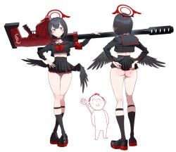 1boy 1girl age_difference angel angel_wings big_ass blue_archive blush gun halo long_legs markings mashiro_(blue_archive) sensei_(blue_archive) short_skirt skirt wings