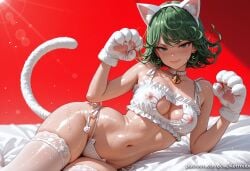1girl ai_generated animal_ears animal_hands bangs bare_shoulders bell blush bra breasts cat_cutout cat_ear_panties cat_ears cat_lingerie cat_tail choker cleavage cleavage_cutout closed_mouth clothing_cutout collar collarbone covered_nipples curly_hair earrings fake_animal_ears frills gloves green_eyes green_hair hairband jewelry jingle_bell kermixx looking_at_viewer lying medium_breasts meme_attire navel neck_bell nipples on_side one-punch_man panties paw_gloves red_background see-through shiny shiny_skin short_hair side-tie_panties smile solo stomach sweat tail tatsumaki thighhighs underwear underwear_only wet white_bra white_choker white_panties white_thighhighs