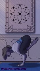 1girls bare_shoulders barefoot blonde_hair blue_shirt brown_hair capri_pants carpet closed_eyes colored_skin couch english_language facial_hair female handstand indoors pants ponytail rug short_ponytail single_hair_bun solo spandex web_address white_skin wii_fit wii_fit_trainer wii_fit_trainer_(female)