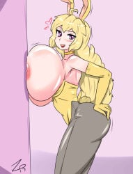 1girls big_breasts blonde_female blonde_hair breasts breasts_against_wall bunny_ears bunny_girl bunnysuit half-dressed half_naked half_naked_female long_hair long_hair_female purple_eyes rwby solo_female yang_xiao_long zronku