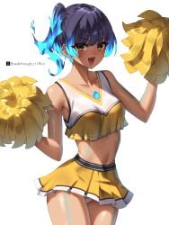 1girls alternate_costume blue_hair breakthrough_rr breasts cheerleader cheerleader_uniform colored core_crystal core_crystal_(xenoblade) ether_lines flaming_hair midriff monolith_soft navel nintendo panties pom_poms ponytail sena_(xenoblade) short_skirt side_ponytail skirt small_breasts smile smiling smiling_at_viewer tagme xenoblade_(series) xenoblade_chronicles_3 yellow_eyes