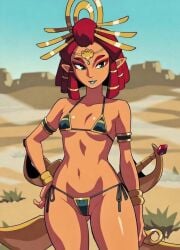 ai_assisted bikini blue_lipstick crown dark-skinned_female dark_skin dark_skinned_female edited_art eyeshadow female female_focus female_only gerudo jewlery lipstick red_eyeshadow red_hair riju suoiresnu the_legend_of_zelda the_legend_of_zelda:_tears_of_the_kingdom