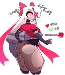 angel_girl ass_bigger_than_head ass_expansion blush bow dami_ribbon hazbin_hotel hip_expansion huge_ass ripped_clothing surprised thick_thighs thigh_expansion vaggi_(hazbin_hotel) vaggie_(hazbin_hotel) white_hair