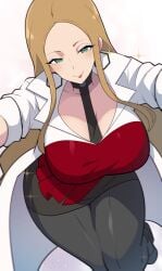 1girl big_breasts black_necktie black_pantyhose blonde_hair breasts commentary_request earrings game_freak green_eyes jacket jewelry large_breasts long_hair looking_at_viewer mituyota_76 multicolored_jacket necktie nintendo oleana_(pokemon) pantyhose pokemon pokemon_ss pokemon_sword_and_shield pokemon_swsh red_jacket smile solo standing standing_on_one_leg two-tone_jacket white_jacket