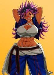 1girls abs cleavage clothed_female hands_behind_head jadenkaiba long_hair long_hair_female solo_female spiky_hair street_fighter street_fighter_6 yasmine_(street_fighter)