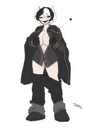 big_breasts black_and_white_hair cleavage creepy_smile female female_only hiltonhanoi japversus looking_at_viewer made_in_abyss no_bra open_shirt ozen pale-skinned_female pale_skin pants_down short_hair smile solo standing two-tone_hair unbuttoned unbuttoned_shirt undressing