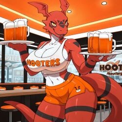 1anthro 1female 1girls 1woman 4_fingers ai ai_generated anthro anthro_only bandai_namco big_breasts breasts clothed clothed_female clothes clothing digimon digimon_(species) ear female female_only frosting.ai glass glass_of_juice guilmon holding_object holding_plate hooters hooters_uniform job looking_at_viewer nipple_outline non-nude non_nude open_mouth orange_shorts perfect_body red_body red_tail restaurant restaurant_background restaurant_setting seductive_look sfw shirt shorts solo standing tail thick_thighs thighs thight_clothing tummy white_shirt white_torso windows woman woman_only woman_solo working working_girl yellow_eyes