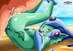 1boy 1girls bbmbbf beach blush breasts cum cum_in_pussy cum_inside digihentai digimon digimon_(species) digiphilia female male male/female nipples nude one_eye_closed open_mouth palcomix ranamon sex tongue vaginal_penetration vaginal_sex
