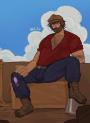 1boy 2026 alternate_version_at_source alternate_version_available bara beard belt body_hair boots brown_hair bulge bulge_through_clothing bulge_under_clothes chest chest_hair clothed clothed_male cloud clouds crate daytime dilf fisherman fisherman_hat fully_clothed gay green_eyes hairy hairy_male hat holding holding_object large_hands looking_at_viewer male male_only okkitiv older_male open_legs pants red_shirt shirt shoes sitting solo solo_male spread_legs stardew_valley suggestive willy_(stardew_valley) yaoi