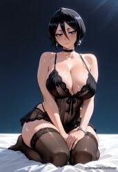 1girls ai_generated big_breasts black_hair bleach blush curvy dress kneeling kuchiki_rukia light-skinned_female purple_eyes short_hair solo sweat tagme thick_thighs voluptuous wide_hips yorai
