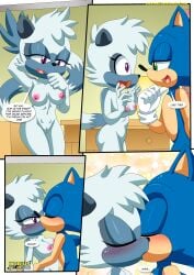1boy 1girls a_tale_of_tangle's_tail_(comic) anthro bbmbbf bed blush breasts comic female kissing male male/female mobian_(species) mobius_unleashed nipples nude palcomix pussy sega sonic_(series) sonic_the_hedgehog sonic_the_hedgehog_(series) tangle_the_lemur