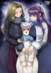3girls artist_name artist_signature between_breasts blushing breast_press breast_squeeze breasts_bigger_than_head brown_hair comedy detailed_background elf female_only fern_(sousou_no_frieren) forest forest_background frieren full_body fully_clothed fur_coat hair_ornament head_between_breasts high_resolution highres hourglass_figure huge_ass huge_breasts long_hair massive_breasts methode_(sousou_no_frieren) nervous_smile nervous_sweat pouting purple_hair sandwiched scarf shogakukan size_difference sousou_no_frieren squished_breasts tears thegoldensmurf thick_eyebrows thick_thighs white_hair yuri