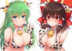 2girls animal_ears animal_print animal_print_bikini bare_shoulders bell big_breasts blue_eyes blush blush_lines blushing blushing_at_viewer blushing_female brown_hair cleavage closed_mouth collarbone collared cow_bell cow_ears cow_girl cow_horns cow_print cow_print_armwear cow_print_bikini cow_print_bra cow_print_gloves cowbell detached_collar duo duo_female duo_focus ear_tag elbow_gloves embarrassed embarrassed_expression embarrassed_female fake_animal_ears fake_horns female female_focus female_only frilled_bow frilled_ribbon frills frog_hair_ornament gloves green_eyes hair_tubes hand_under_clothes hand_under_swimsuit hands_under_clothes happy hi_res high_quality high_resolution highres large_breasts long_gloves long_hair looking_at_viewer miko neck_bell open_mouth panties print_bikini print_gloves pulling_own_clothes red_bow red_eyes red_ribbon reimu_hakurei sanae_kochiya short_hair smile smile_at_viewer smiley_face steam steamy_breath sweat sweatdrop swimsuit tied_hair tksand touhou underwear upper_body upper_body_focus upper_body_only wide_hips
