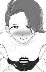 1boy 1girls absurdres ahoge armpit_crease bar_censor black_gloves blush breasts bright_pupils censored ear_piercing earrings erection female gloved_handjob gloves greyscale handjob highres jewelry kaiman_garupan long_hair low_ponytail male monochrome naizuri nose_blush paizuri penis piercing pokemon pokemon_sv ponytail rika_(pokemon) small_breasts smile straight sweat swept_bangs titjob white_background white_pupils
