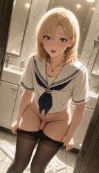 1boy 1femboy 2026 ai_generated balls bathroom black_pantyhose blonde_hair blue_eyes blush caught caught_crossdressing crossdressing femboy feminine_male getting_caught girly looking_at_viewer no_panties open_mouth pantyhose penis sailor_collar school_uniform schoolgirl_uniform solo testicles thighs trap wide_hips workdone