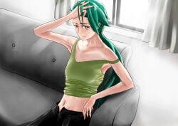 clothed clothing couch elite_four green_hair looking_at_viewer loose_shirt navel nintendo pokemon pokemon_sv rika_(pokemon) solo suggestive tagme tagme_(artist) unbuttoned_pants