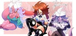 3girls android android_21 android_21_(human) arm_sleeves armwear black_bow black_nails black_panties black_sclera blue_eyes bra_lines bra_visible_through_clothes bralines brown_hair dragon_ball dragon_ball_super dragon_ball_z dress dress_shirt glasses_on_face glasses_on_head gold_jewelry goth goth_girl gothic green_sweater gt_animates high_heel_boots high_heels jewelry long_penis looking_at_viewer looking_away looking_away_from_viewer mole_under_mouth necklace neckwear panties pink_skin red_eyes silver_jewelry sitting sitting_on_chair skirt solo sweat sweatdrop sweater sweating tail tight_clothing wet_body wet_clothes wet_pussy wet_skin white_hair