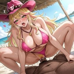 1boy 1girls ai_generated beach big_breasts bikini bikini_bottom_aside blonde_hair blush breasts cowboy_hat cowgirl_position creampie cum cum_in_pussy cum_inside dark-skinned_male green_eyes indie_virtual_youtuber interracial long_hair looking_pleasured lulu_lasso micro_bikini nipple_bulge open_mouth orgasm orgasm_face pink_highlights pubic_hair pussy pussy_juice sex spread_legs squatting sweat trembling vaginal vaginal_penetration vaginal_sex virtual_youtuber