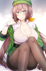 1girls blush bowler_hat breasts brown_hair brown_pantyhose cleavage collarbone collared_shirt commission green_eyes green_hat green_jacket hair_between_eyes hat hayakawa_tazuna highres jacket large_breasts long_hair long_sleeves open_clothes open_jacket pantyhose parted_lips pencil_skirt pixiv_commission ponytail rui_shi_(rayze_ray) shirt sitting skirt smile solo split_ponytail thighband_pantyhose umamusume very_long_hair watch white_shirt wristwatch