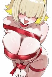big_breasts big_thighs blush bow_ribbon breasts chubby covered_eyes covered_nipples elegg_(nikke) goddess_of_victory:_nikke ribbon smile tagme thick thick_thighs tied_up yassaimono