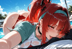 1boy 1girl ai_assisted ai_generated bangs bikini blue_sky blush breasts buruma choker cloud collarbone curvaceous curvy curvy_female curvy_figure day erection_under_clothes eyebrows_visible_through_hair female goddess_of_victory:_nikke gym_uniform hair_ornament hair_ribbon hetero large_breasts long_hair looking_at_viewer miyuai open_mouth outdoors palm_tree rapi_(nikke) red_eyes ribbon see-through shirt short_sleeves sidelocks sky solo_focus sunlight swimsuit thick thick_ass thick_butt thick_hips thick_legs thick_thighs tongue tongue_out twintails voluptuous voluptuous_female wet wet_clothes white_shirt wide_hips wide_thighs