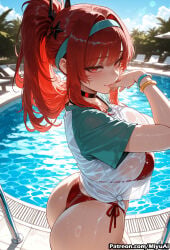1girl ai_assisted ai_generated ass bangs bikini blunt_bangs blush bracelet breasts choker curvaceous curvy curvy_female curvy_figure day eyebrows_visible_through_hair female goddess_of_victory:_nikke hair_ornament hair_ribbon large_breasts long_hair looking_at_viewer miyuai outdoors pool pool_ladder rapi_(nikke) red_eyes red_hair ribbon see-through shirt short_sleeves side-tie_bikini sidelocks smile solo swimsuit thick thick_ass thick_butt thick_hips thick_legs thick_thighs voluptuous voluptuous_female water wet wet_clothes wide_hips wide_thighs