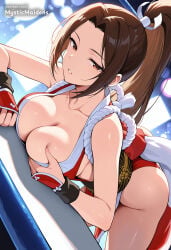 1girl ai_generated anime anime_style arm_guards artist_name ass bare_shoulders breasts brown_eyes brown_hair capcom cleavage collarbone fatal_fury fatal_fury:_city_of_the_wolves fatal_fury_2 fatal_fury_the_motion_picture hentai hi_res high_ponytail japanese_clothes king_of_fighters large_breasts long_hair looking_at_viewer mai_shiranui mystic_maidens ninja obi parted_bangs parted_lips patreon patreon_username pelvic_curtain ponytail revealing_clothes rope sash snk solo street_fighter street_fighter_6 thighs